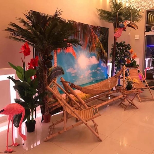 Tropische Photobooth set met standstoelen, hangmat, flamingo's en kunst canna's