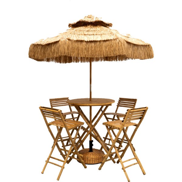 Set Bamboe statafel met 4 krukken en kunst rieten parasol