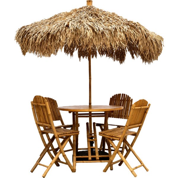 Set Bamboe tafel met 4 stoelen en rieten parasol